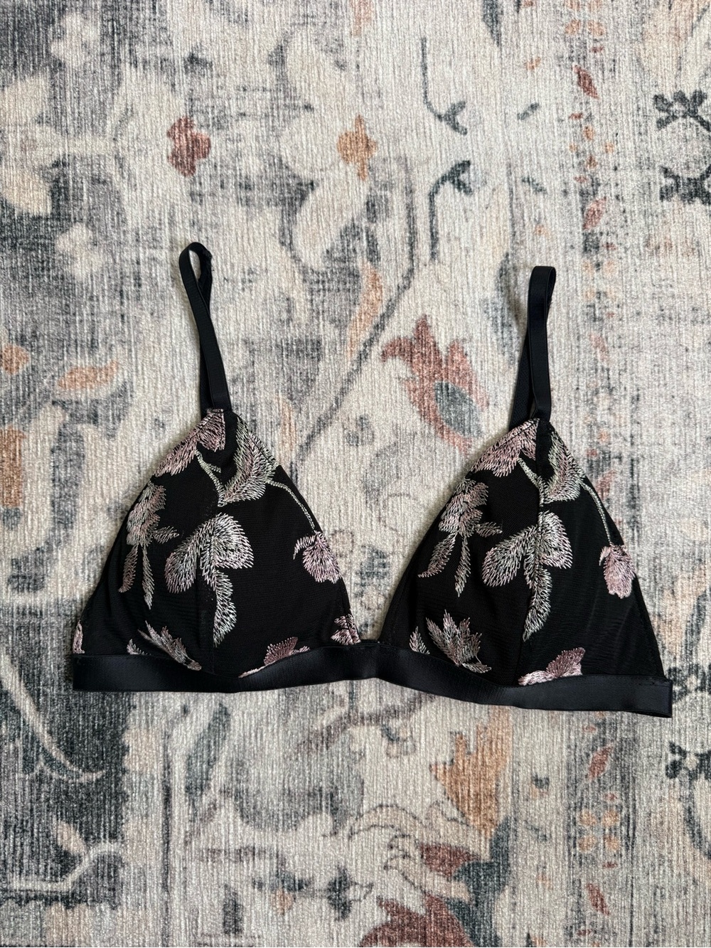 Express Black Bralette with Pink & Cream Floral Embroidery